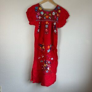 Mexican Puebla Dress Women Size S Red Good Floral Embroidered Boho